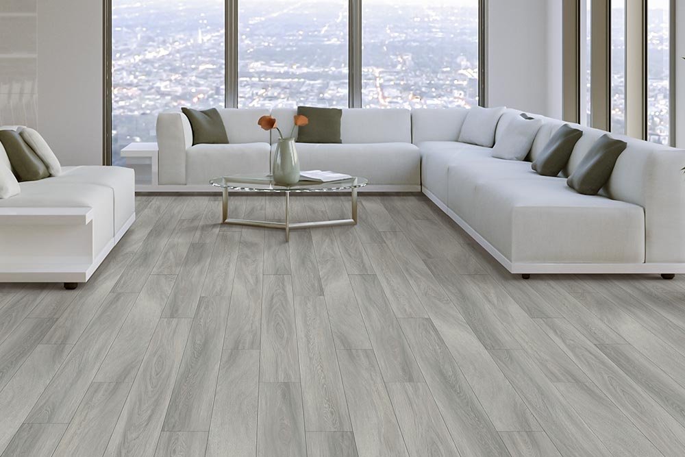 Living Room Gray Greige Luxury Vinyl Plank LVP -  Fairbanks CarpetsPlus in Fairbanks, AK